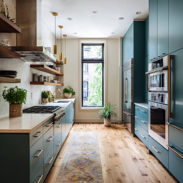 Modern kitchen with teal cabinets, gold accents, and a long rug.