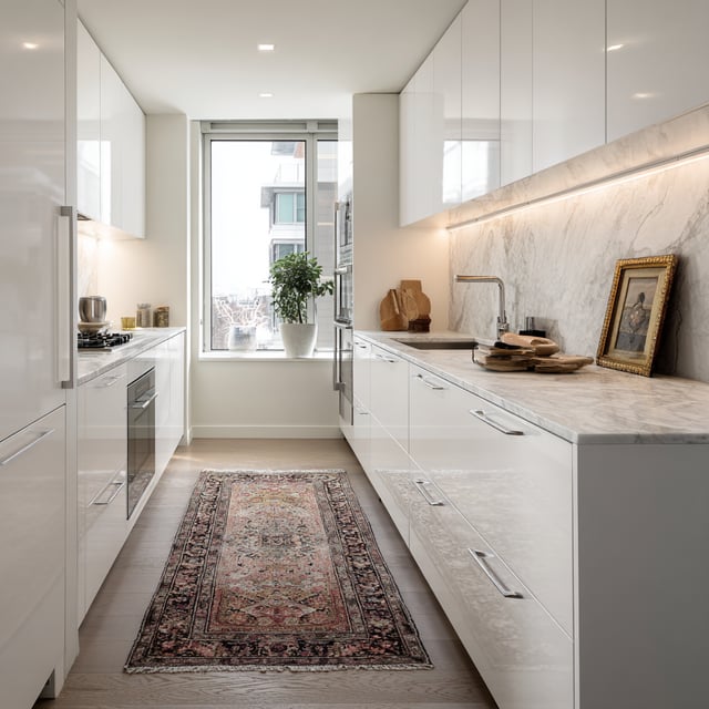 A narrow, modern galley kitchen with a high-end minimalist aesthetic.