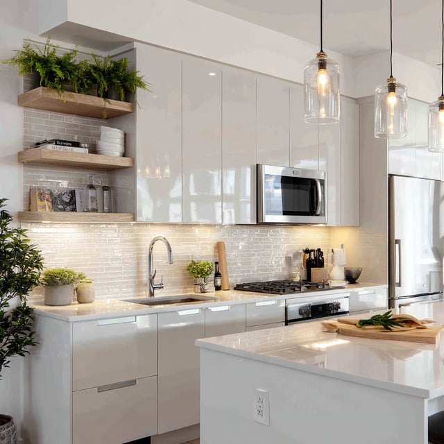 A modern kitchen features glossy white cabinetry, a glass tile backsplash, stainless steel appliances including a microwave and refrigerator, wood open shelving with plants, and clear glass pendant lights hanging over a white countertop island.