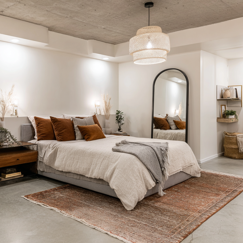 modern basement bedroom with polished concrete ceiling