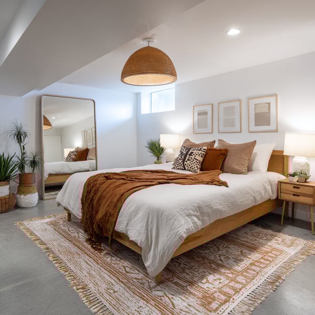 Modern basement bedroom with polished concrete and neutral tones.