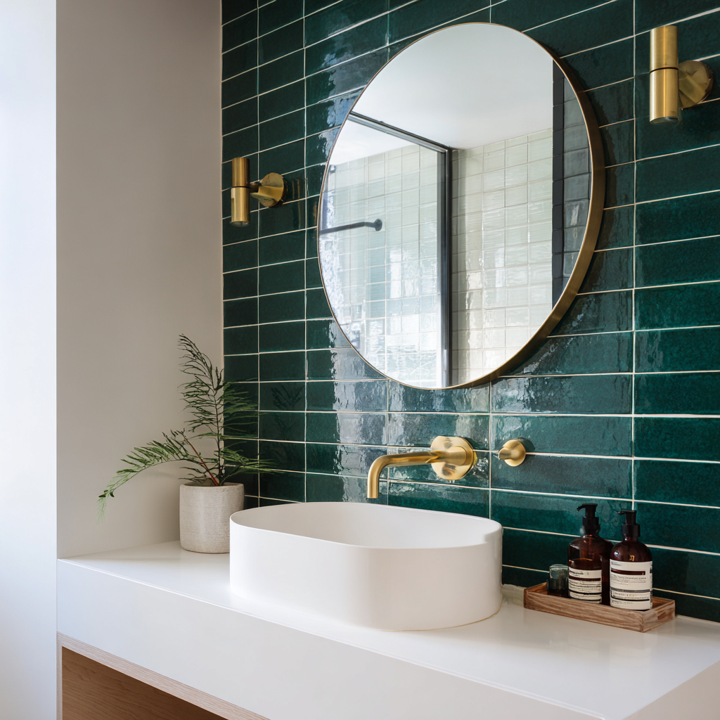 A modern bathroom features a large, brass-framed circular mirror mounted on a glossy, deep emerald green subway-tiled wall, centered above a white oval vessel sink on a white countertop with a wall-mounted brass faucet and a wooden tray with two dark bottles of soap to the right and a potted fern to the left.