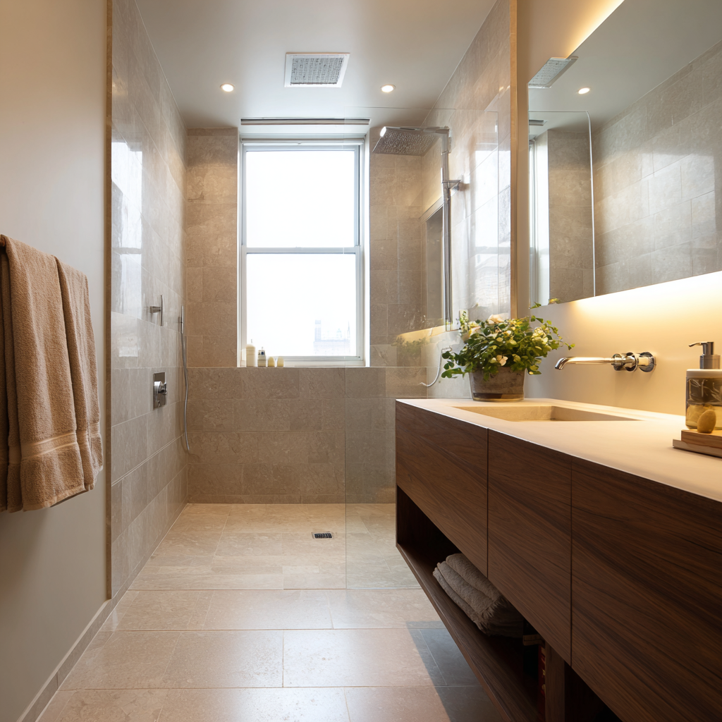 A modern bathroom featuring a warm stone tiling, a sleek floating wood vanity with an integrated sink, and a glass-enclosed walk-in shower positioned beneath a bright window.