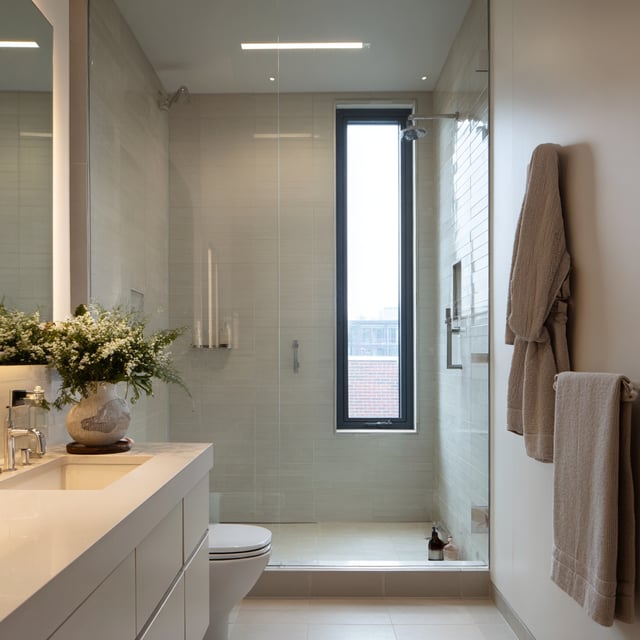 A modern bathroom featuring a sleek white vanity with a floral arrangement, and a glass-enclosed walk-in shower with a tall window.