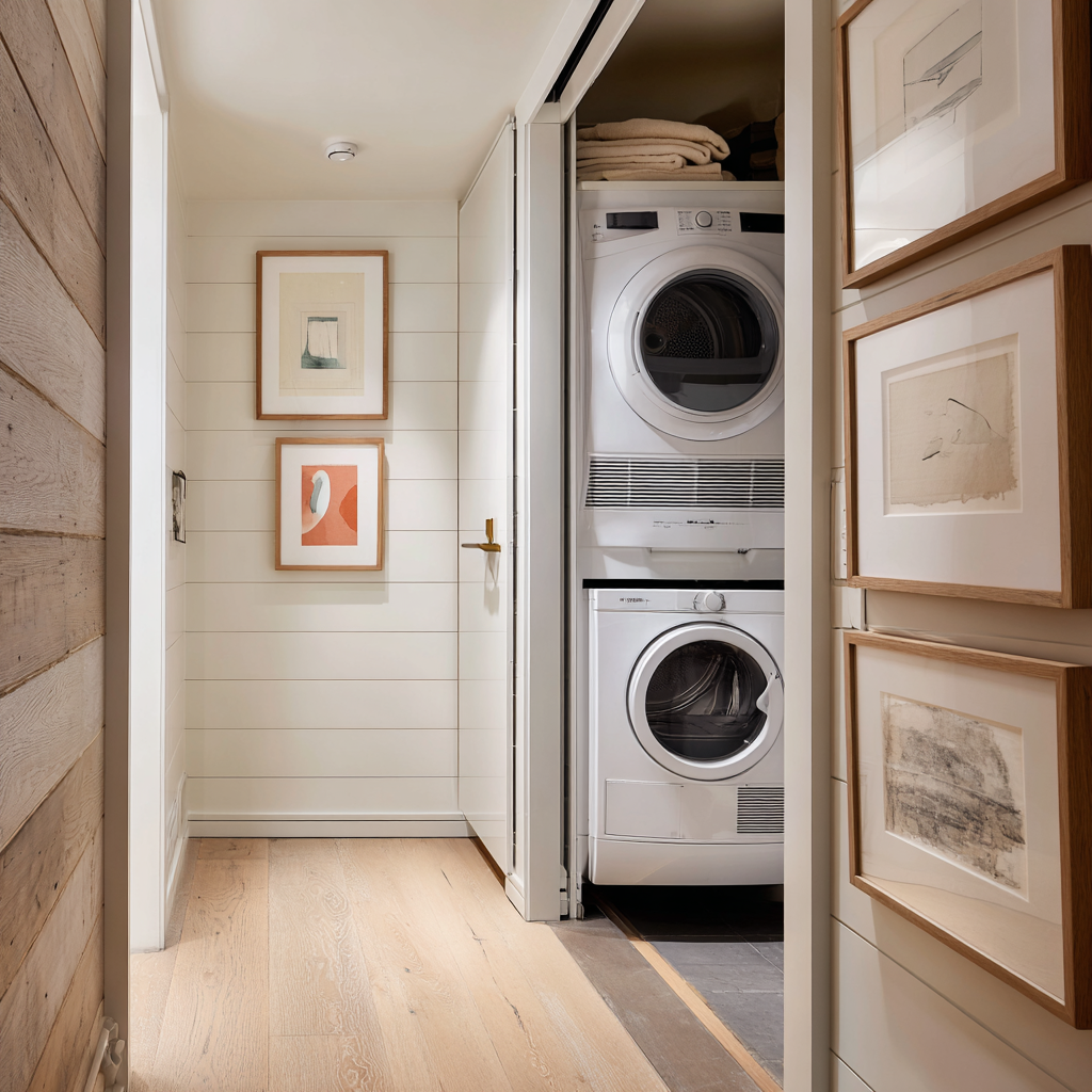 A sleek laundry closet with a stacked washer and dryer, warm wood cabinetry, integrated shelf lighting, woven storage baskets, and light wood flooring behind minimalist white doors.