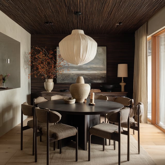 A modern dining room with dark wood accents.