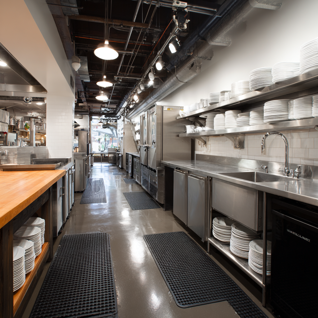 A long, well-lit commercial kitchen with stainless steel counters, a sink, and several stacks of white dishes on metal shelving and wooden open shelving.
