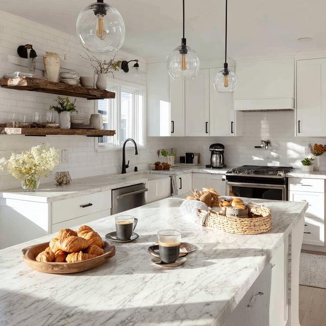 Modern farmhouse kitchen with white cabinets and marble island.1
