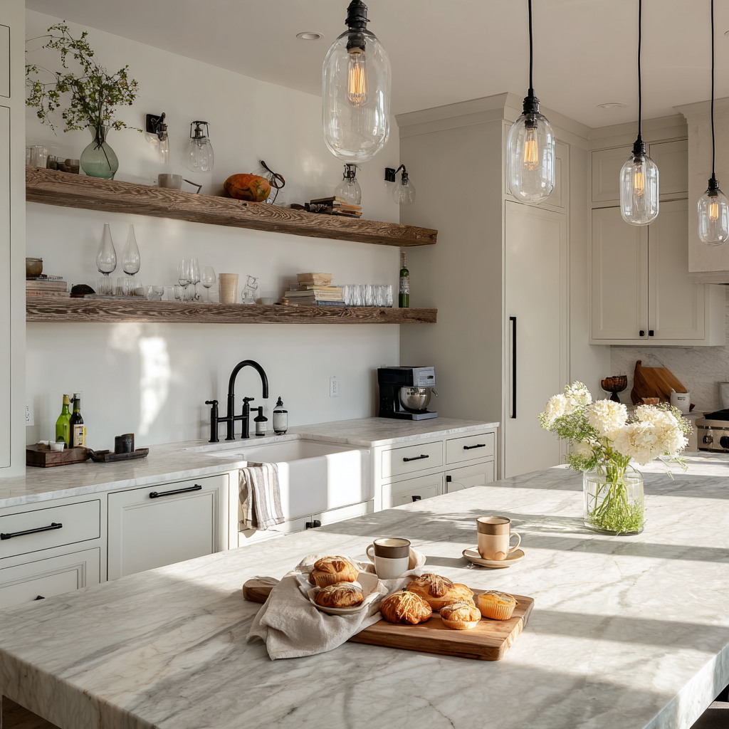 A modern farmhouse kitchen features pale gray cabinetry, white marble countertops, a farmhouse sink with a black faucet, wooden open shelving, and clear glass pendant lights, with a wooden board of pastries and coffee on the marble island.