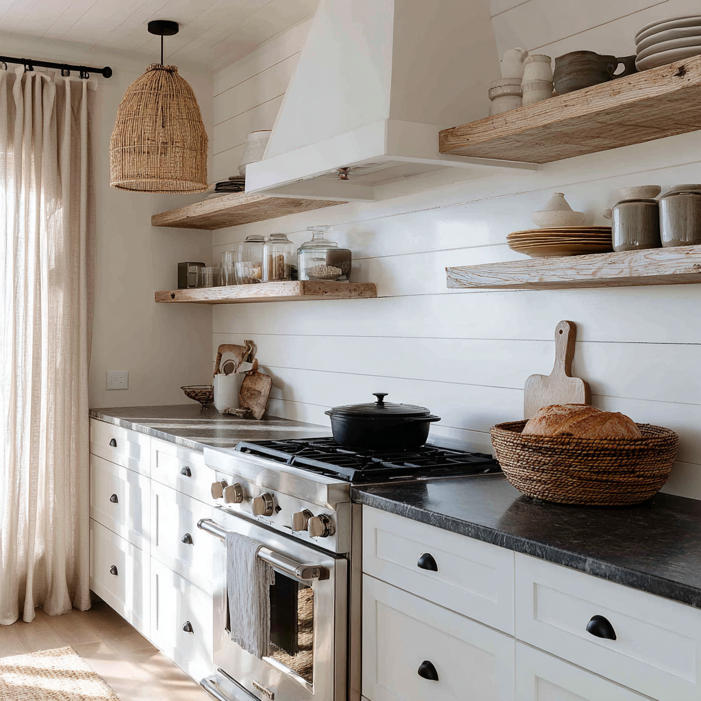 The modern farmhouse kitchen with white shiplap backsplash, raw wood floating shelves, dark soapstone-look countertops, woven pendant light, and styled ceramics