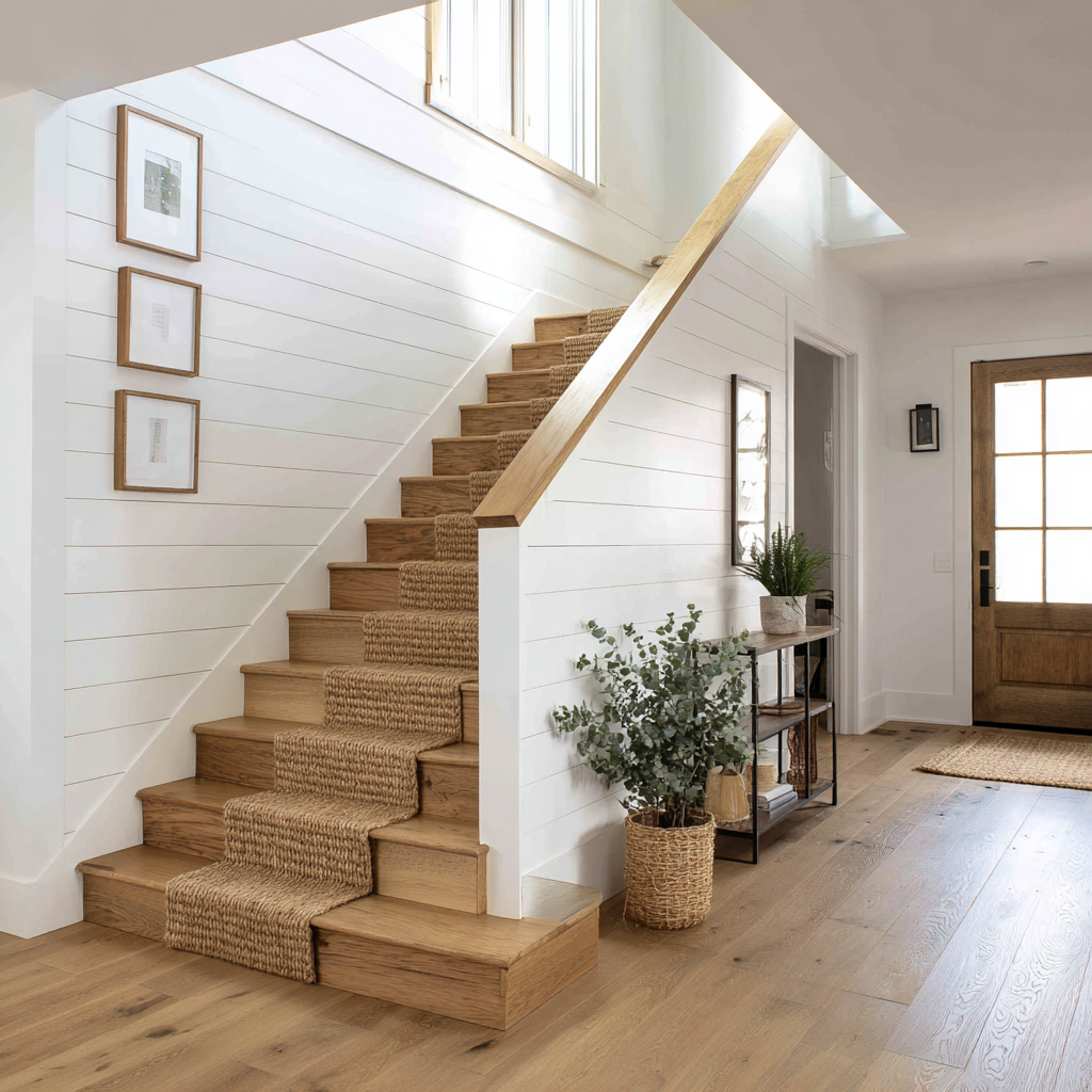 Image: [The bright white shiplap staircase wall with natural oak treads and a woven fiber runner]