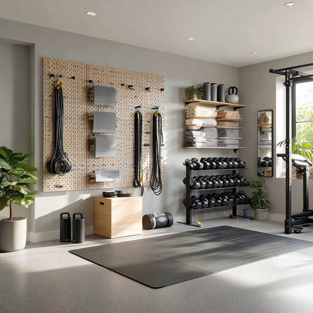 Modern home gym with pegboard wall, dumbbells, and rubber flooring.