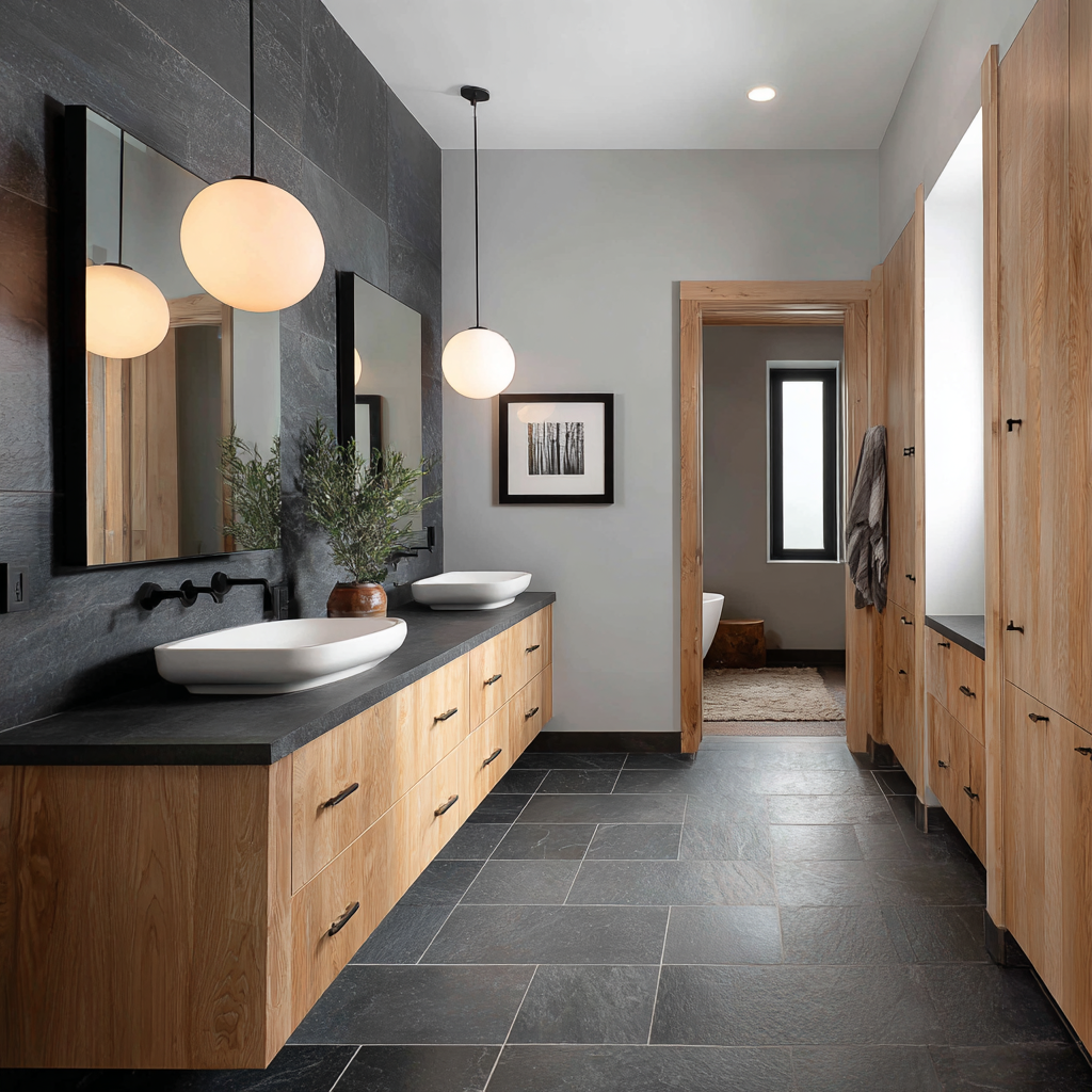 Modern guest bathroom with slate-look tile flooring and wood double vanity.