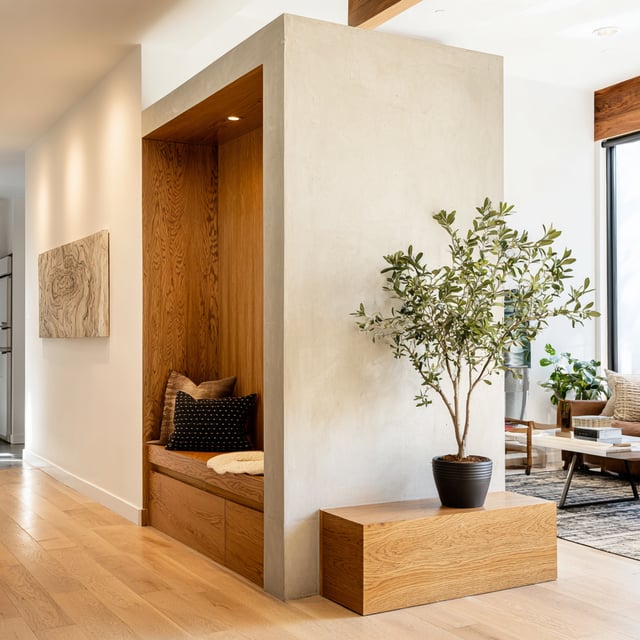 A modern home entryway with a built-in wood bench nook and a potted plant on a light-colored accent wall.