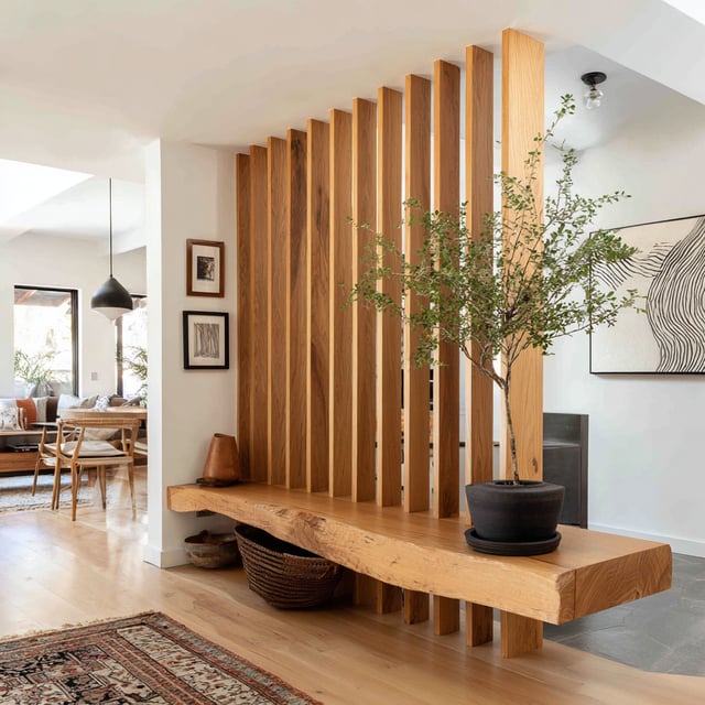 Modern entryway with wood slat screen and bench.