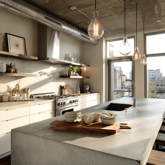 Modern industrial kitchen with a concrete island and city view.