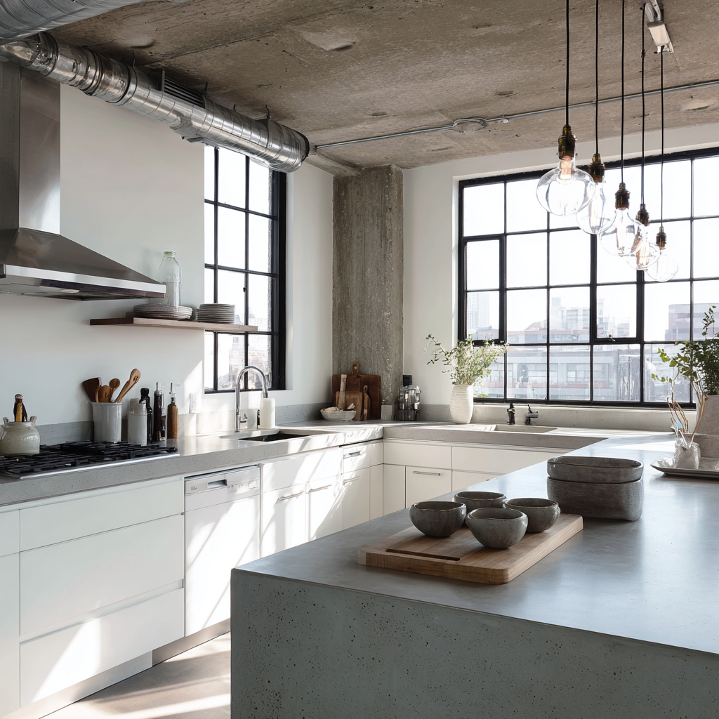 A modern industrial kitchen features smooth gray stone countertops and island, white flat-panel cabinetry, a stainless steel range hood and appliances, and large black grid windows with exposed ductwork and concrete ceilings.