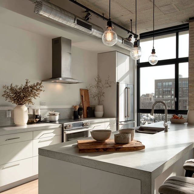 A modern industrial kitchen features light gray cabinetry, concrete countertops, stainless steel appliances, exposed ductwork on the ceiling, and Edison-bulb pendant lights over a large island with a sink, all bathed in natural light from a large window overlooking a city.