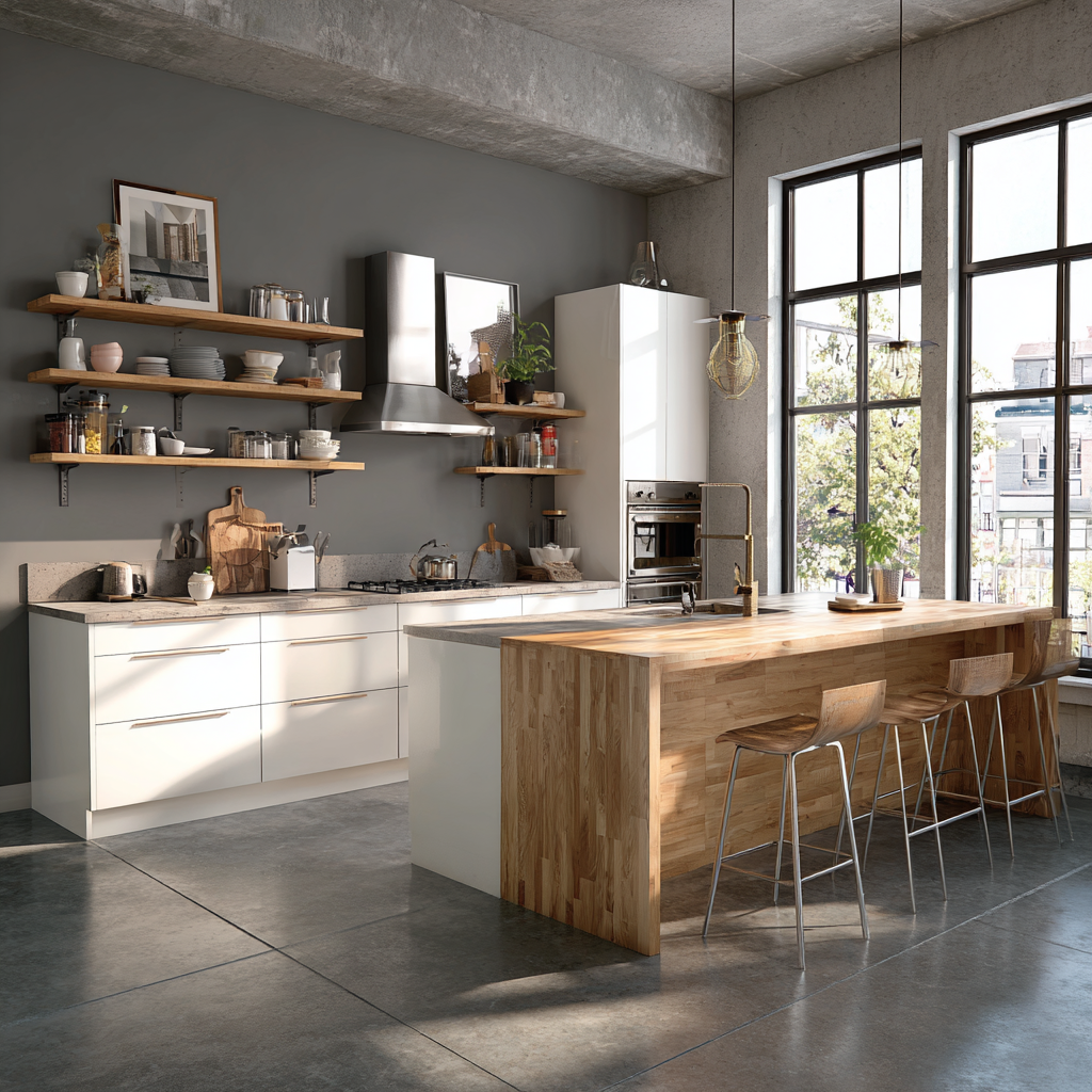 A sleek industrial kitchen featuring true gray walls and concrete finishes.