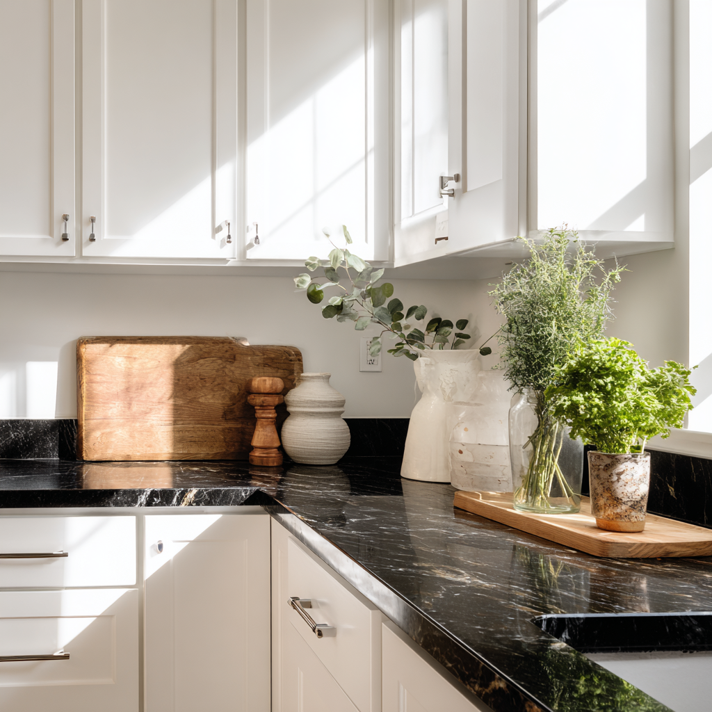  Polished black granite, speckled beige, and gray counters.