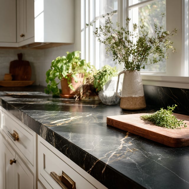 Marble countertop with white cabinets and gold fixtures.