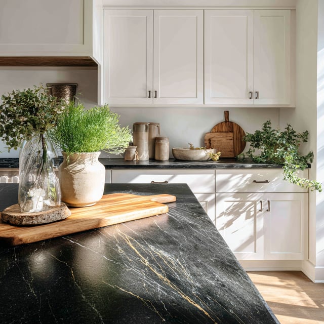A modern kitchen featuring black granite countertops with gold veining and white shaker-style cabinets.