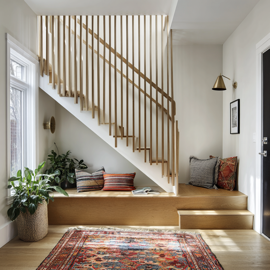 A modern living space features a straight, white staircase with thin vertical wood balusters and a wood handrail, built over a wood landing and reading nook with plants and decorative pillows.