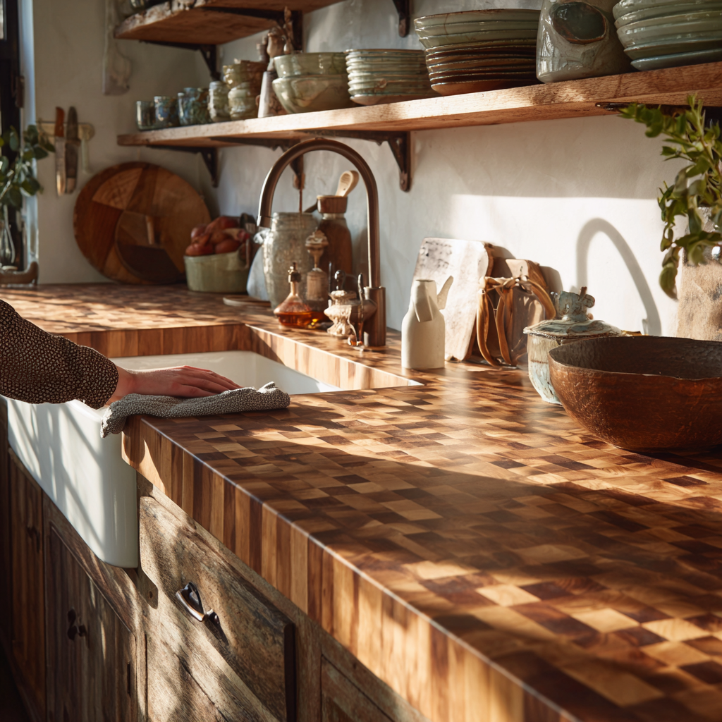 A modern rustic kitchen features an end-grain butcher block countertop, a white farmhouse sink, open wood shelving stacked with dishes, and a person's hand wiping the counter.