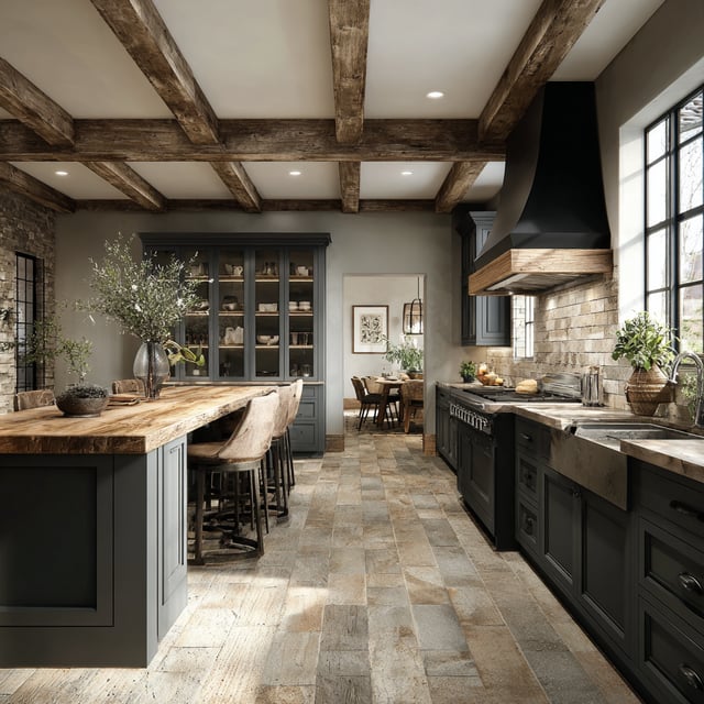 A modern rustic kitchen featuring dark cabinets, a long wooden island with seating, a large black range hood, and exposed wooden ceiling beams.