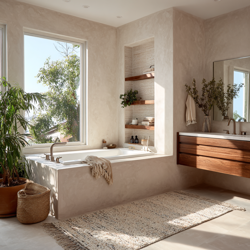 Modern solid-surface rectangular tub in a sun-filled bathroom.