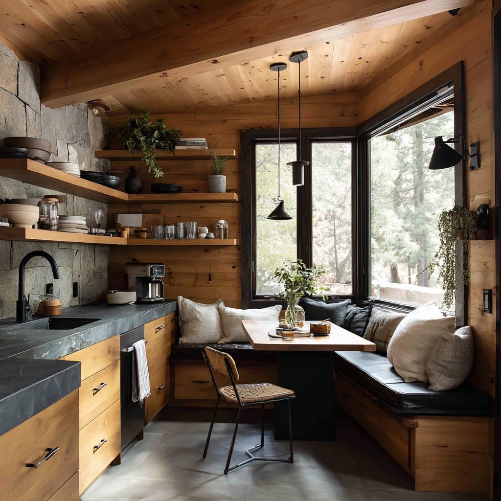 A modernized cabin kitchen with warm wood-paneled walls and ceiling, open wooden shelves, stone countertops, a compact dining nook with cushioned bench seating, and large windows overlooking a forested view.
