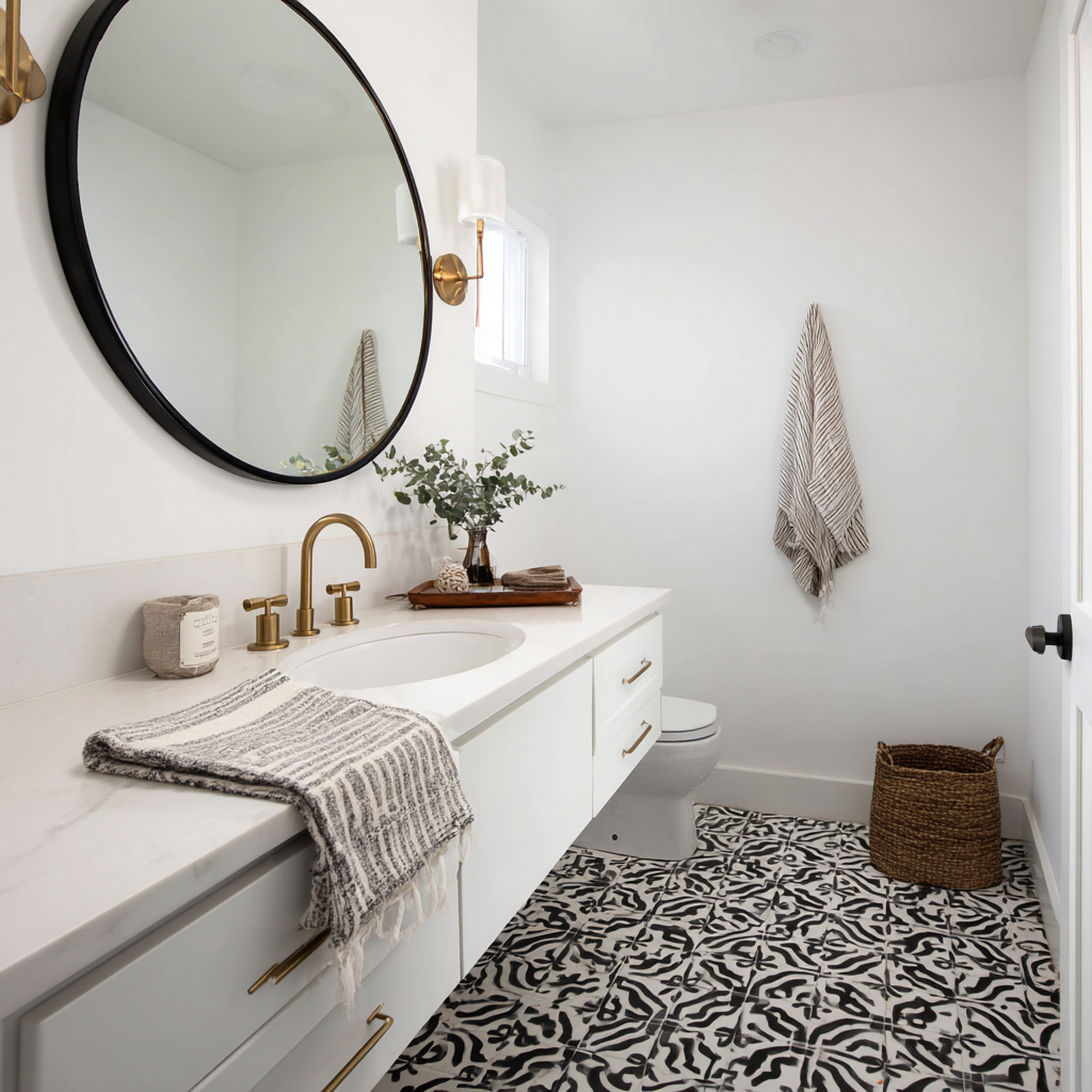 Modern bathroom with white floating vanity, brass fixtures, round mirror, and bold black-and-white patterned tile floor.