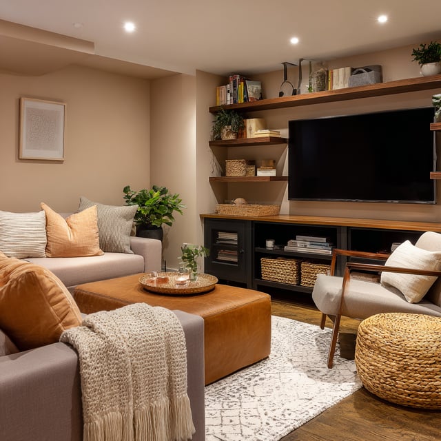 Cozy basement with leather ottoman, grey sofa, and TV unit.