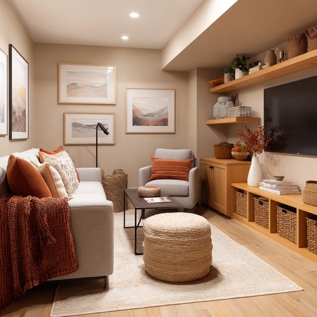 A warm, modern basement family room designed with a cozy, neutral palette.
