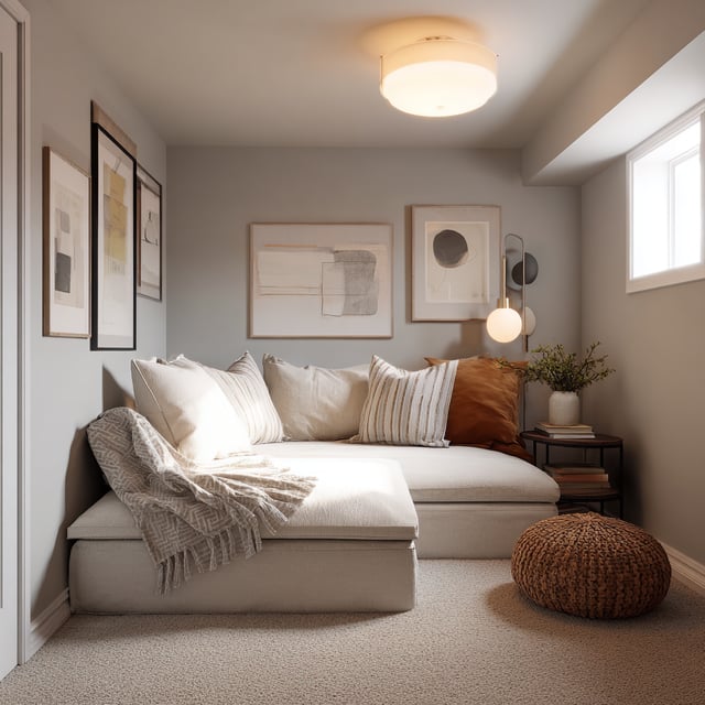 A cozy basement hangout room featuring a light-colored sectional or daybed, abstract wall art, and soft lighting.