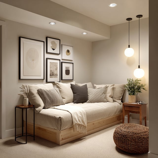 Cozy basement nook with a daybed, art, and globe lights.