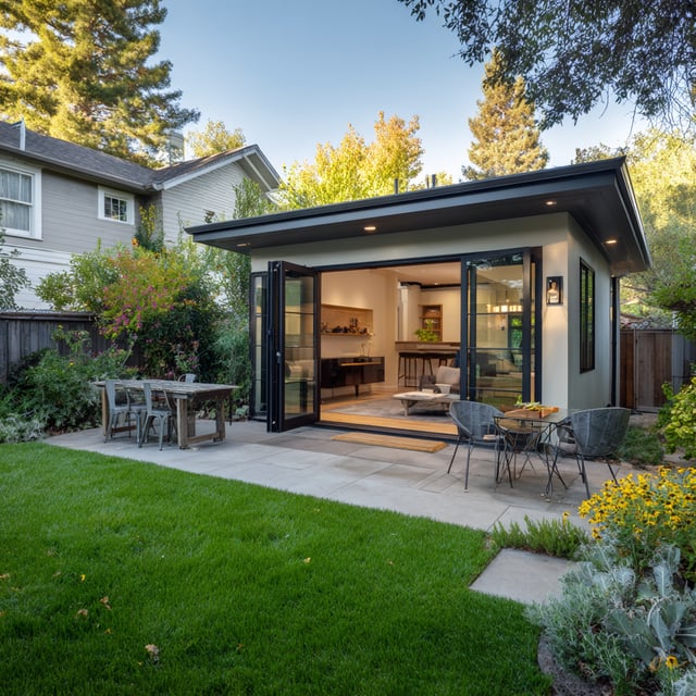 Modern ADU with glass doors, a patio, and green backyard.
