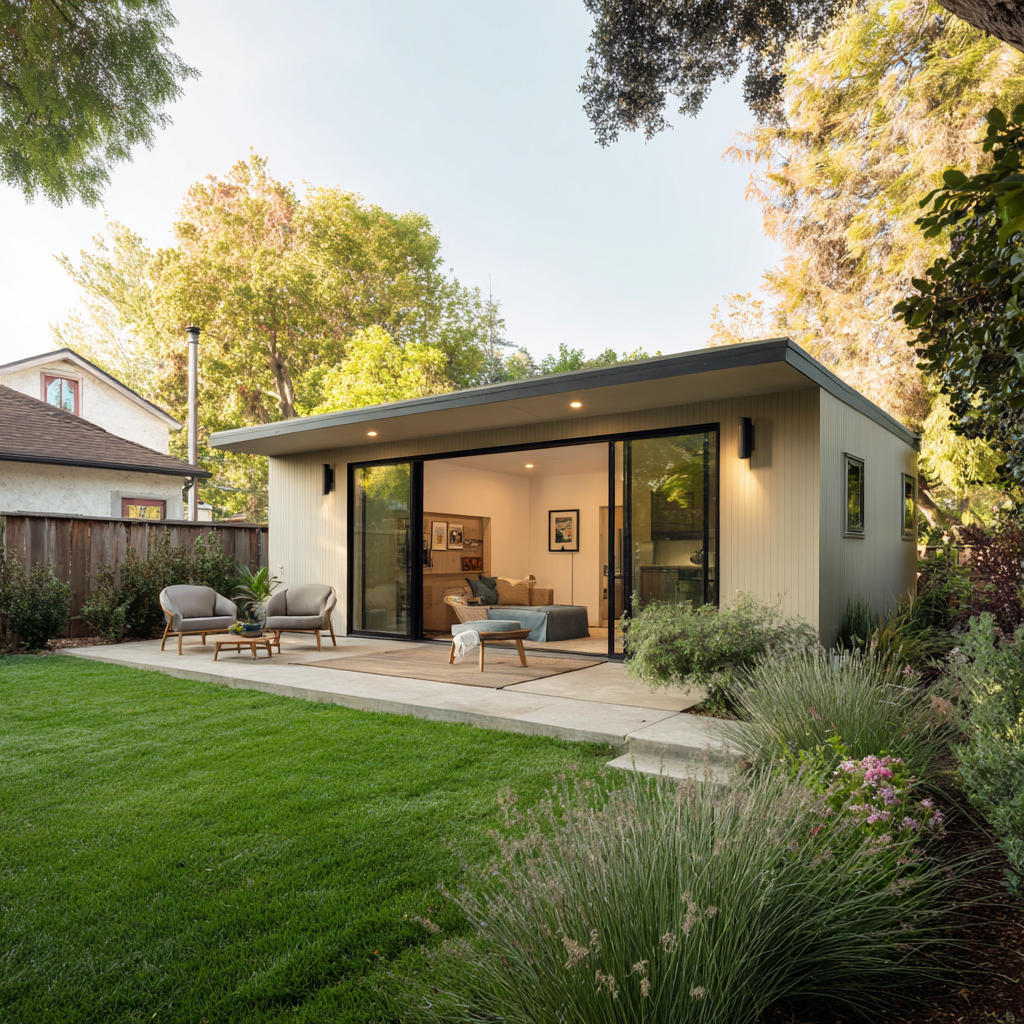 Modern ADU with sliding doors, concrete patio, and lawn.