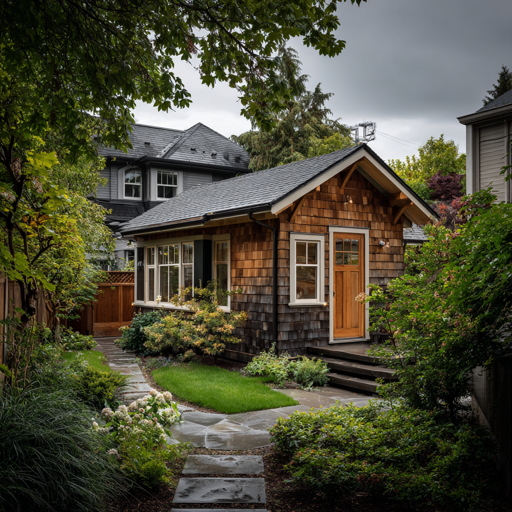 Cedar shingle ADU with stone path and lush garden.