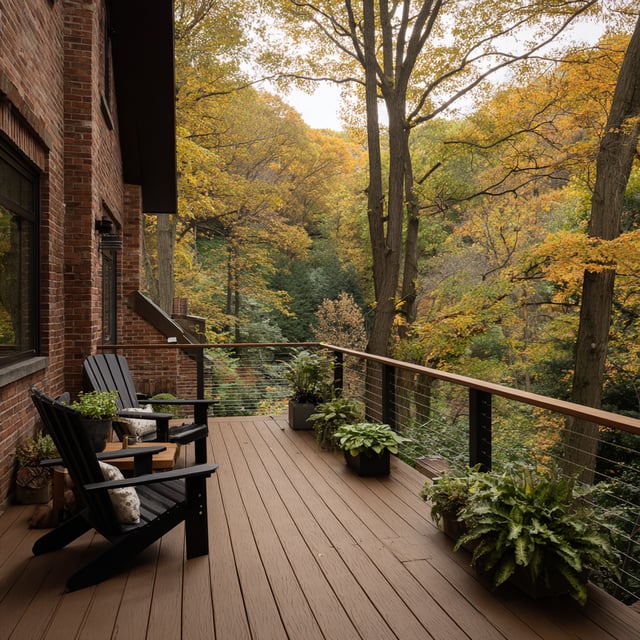Elevated wood deck with black chairs and lush forest view.