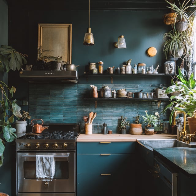 Moody jewel-toned kitchen with blue-green tile and plants.