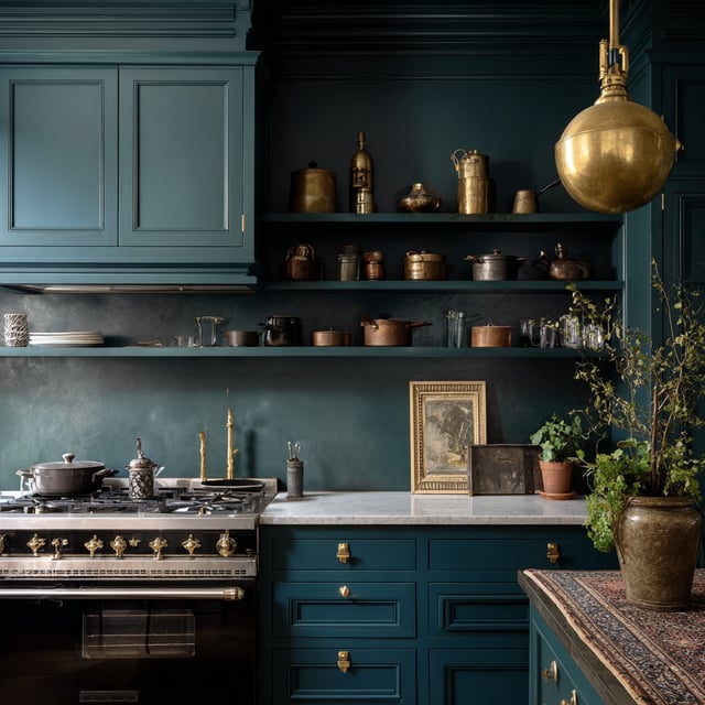  Moody teal kitchen with brass accents and marble counters.