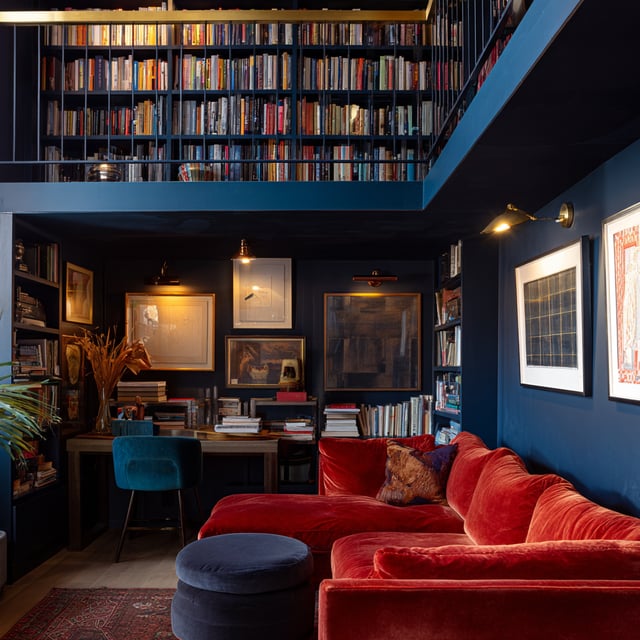 Moody maximalist mezzanine loft with a large bookshelf.