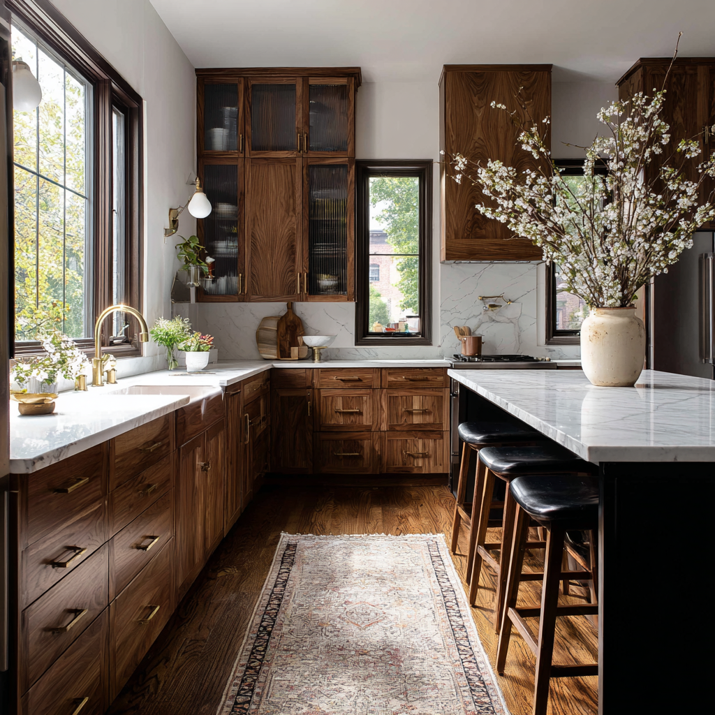 Walnut kitchen with marble island, gold tap, and floral vase.