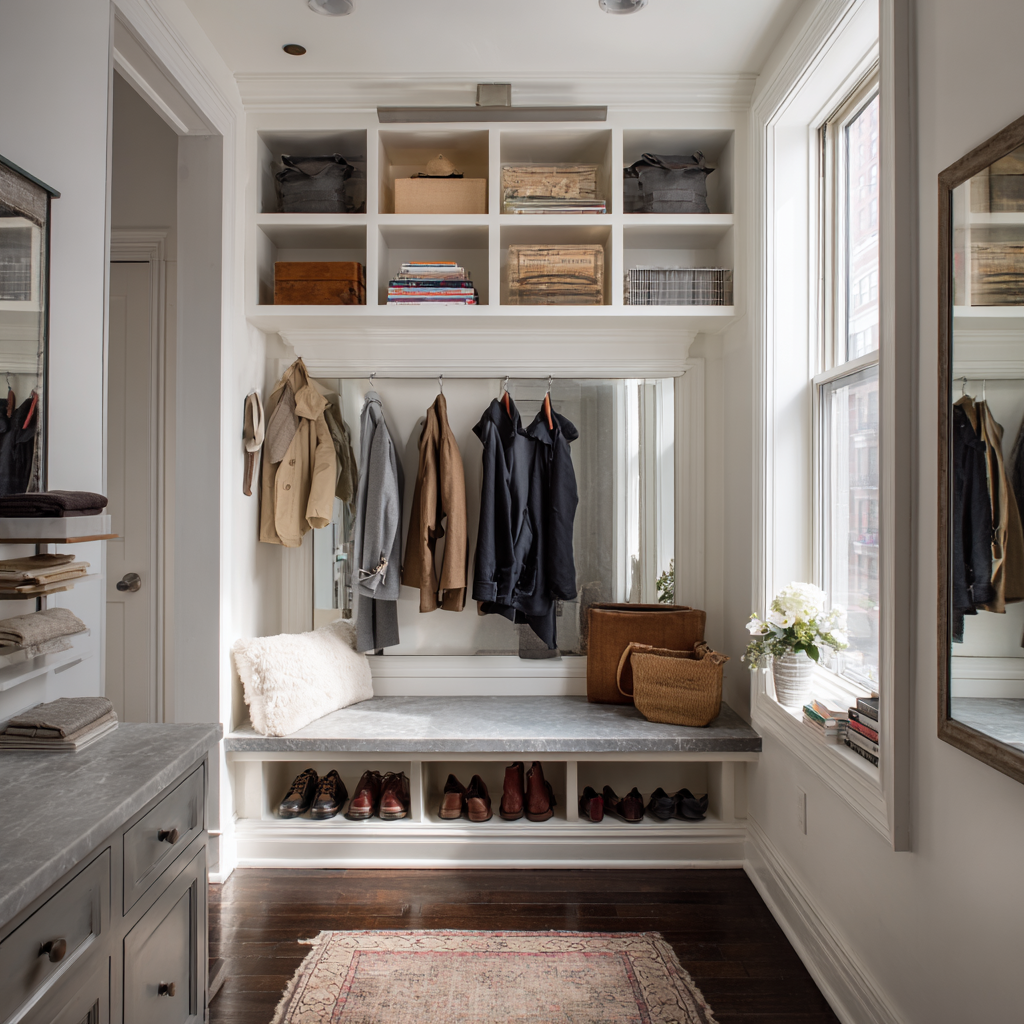 Bright, narrow mudroom with white built-in cubbies, open coat rail, marble bench and countertop surfaces, woven baskets, lower shoe storage, and soft neutral tones in a classic-meets-modern style.