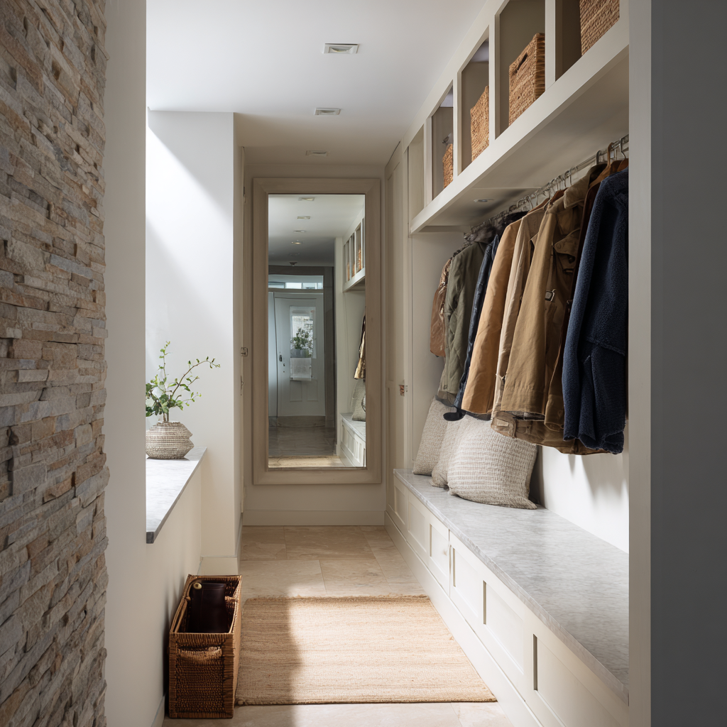 Narrow modern mudroom hallway with soft white built-in cabinetry, open cubbies with woven baskets, wall-mounted coat rail, marble-look bench seating, textured stone accent wall, and warm neutral rug in a minimalist, airy design.