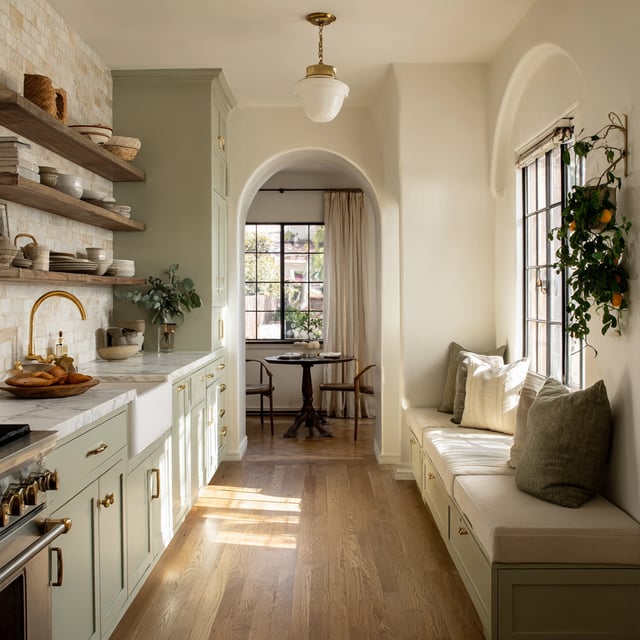Newly remodeled kitchen with a light green color palette.