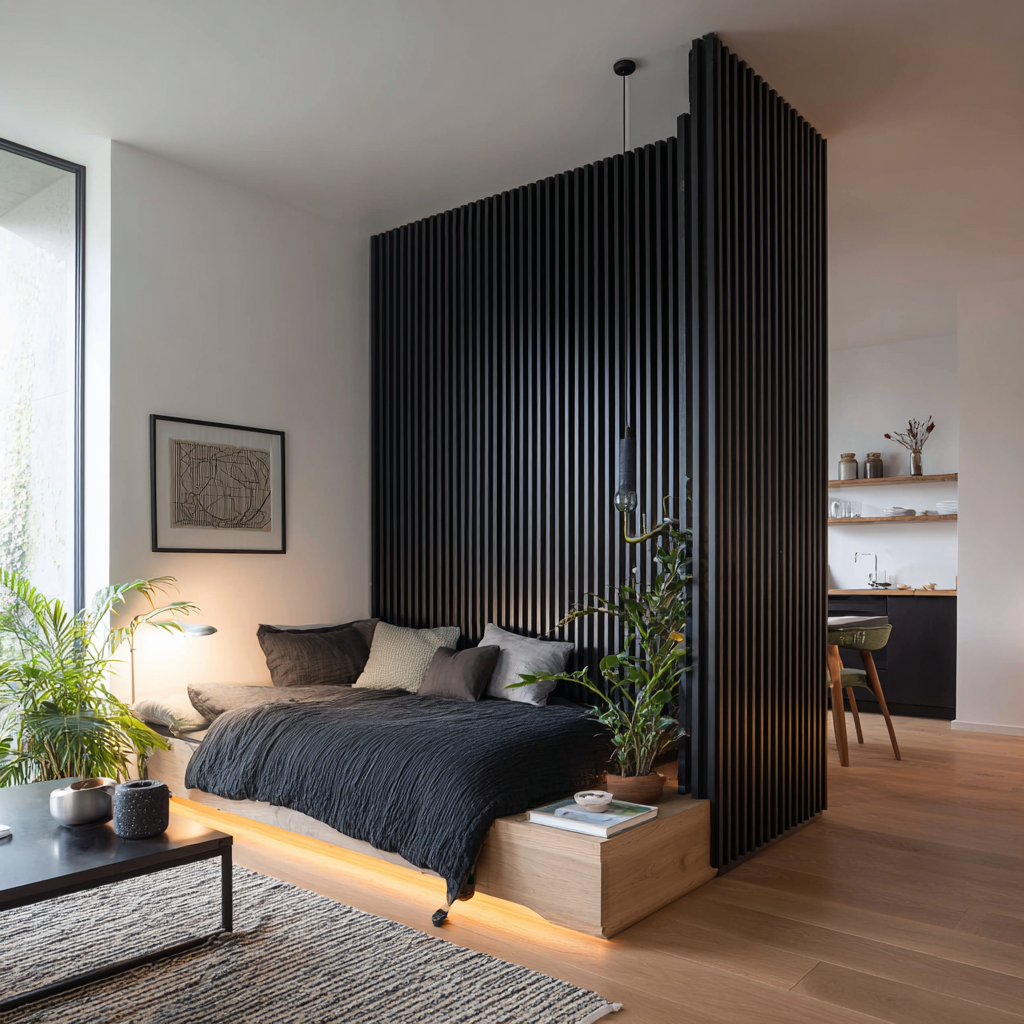 Studio with black slat room divider and a glowing daybed.