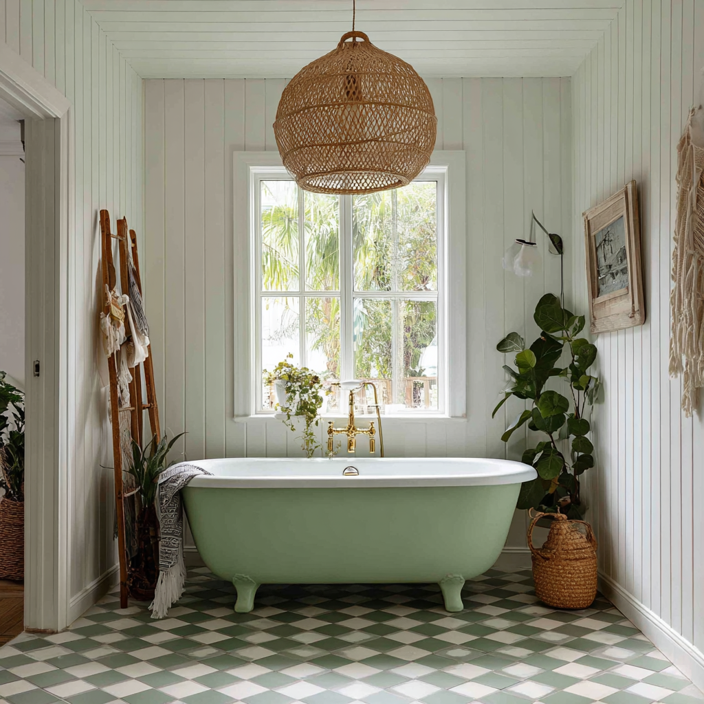 Soft sage green freestanding tub with brass fixtures.