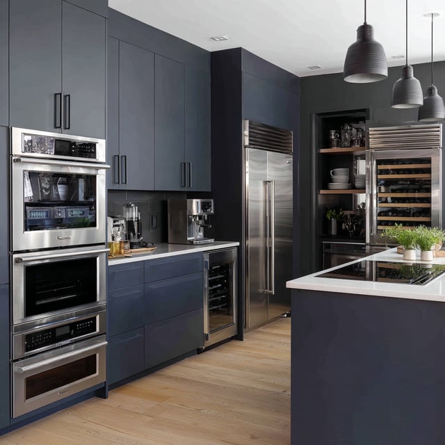 15x15 high-tech kitchen with navy blue cabinetry